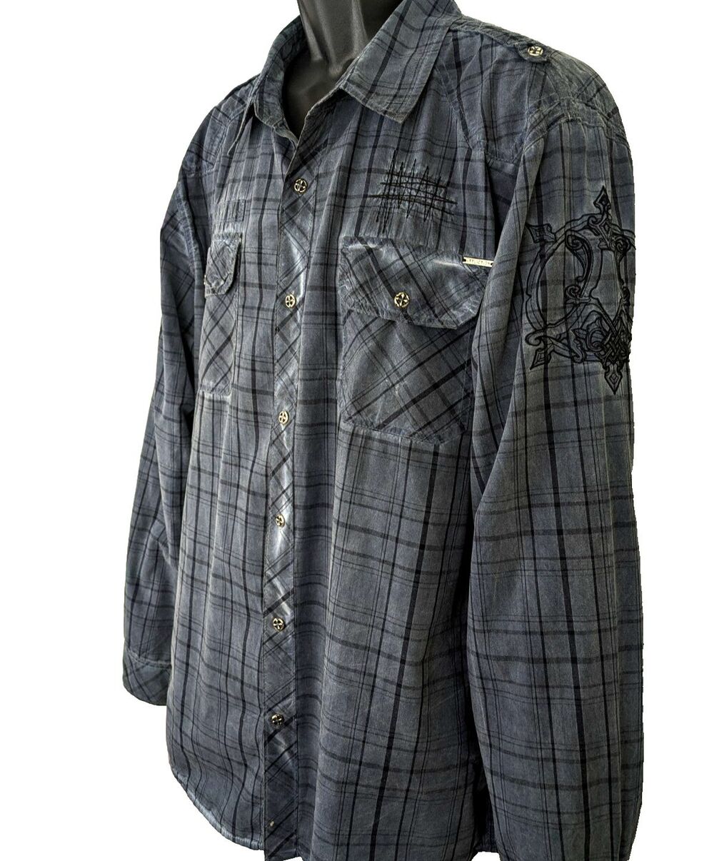 Affliction 100% Cotton Men's XL Blue Distressed Embroidered Button Front Shirt